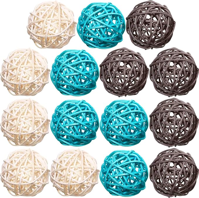 Yaomiao 15 Pieces Wicker Rattan Balls Decorative Orbs Vase Fillers for Craft, Party, Wedding Table Decoration, Aromatherapy Accessories, 1.8 Inch(Light-Blue White Gray)