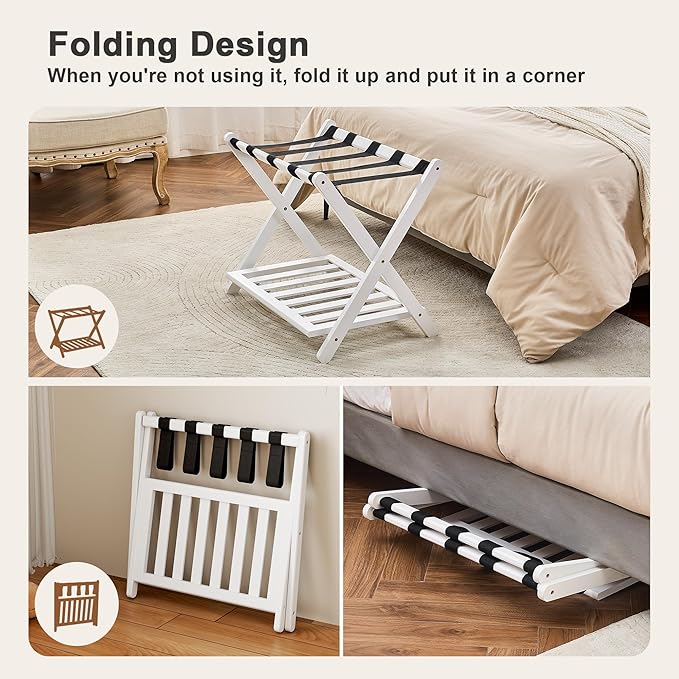 Fully Assembled Luggage Rack for Guest Room, Bamboo Foldable Suitcase Stand with Storage Shelf, Luggage Stand with 5 Nylon Straps, Luggage Holders for Guest Room Bedroom Hotel, White, 1 Pack