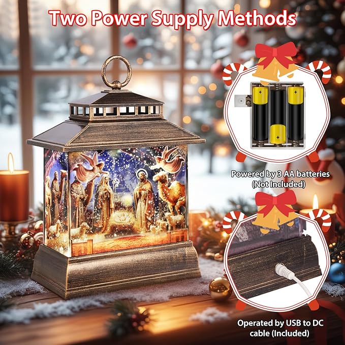 Christmas Snow Globe Lantern Water Glittering Lantern with 8 Songs & 6H Timer Romote Control Christmas Snow Globes USB & Battery Operated for Christmas Festival Decorations Gifts (Nativity)