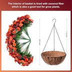 Artificial Hanging Flowers with Basket, Faux Silk Petunias Flower Arrangement, Coconut Lining with Morning Glories Fake Plants Patio Garden Porch Deck Spring Summer Decor(Orange Brown)
