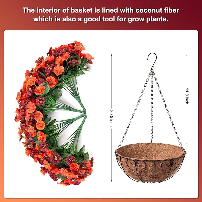 Artificial Hanging Flowers with Basket, Faux Silk Petunias Flower Arrangement, Coconut Lining with Morning Glories Fake Plants Patio Garden Porch Deck Spring Summer Decor(Orange Brown)
