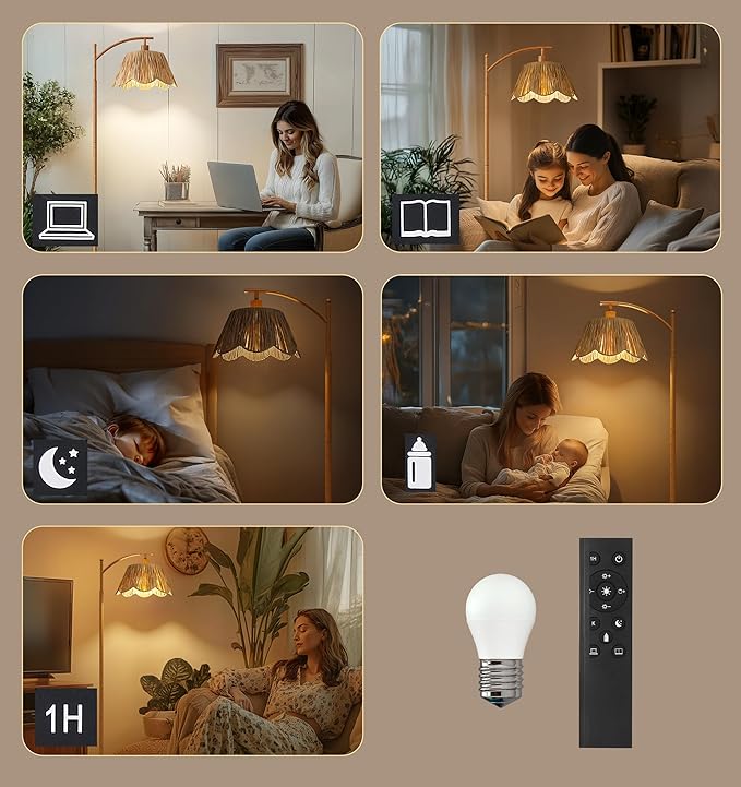 Oneach Boho Floor Lamp for Living Room with Remote & Dimmable Bulb, Farmhouse Floor Lamps with 3 Color Temperatures, Rattan Floor Lamp for Bedroom, Walnut