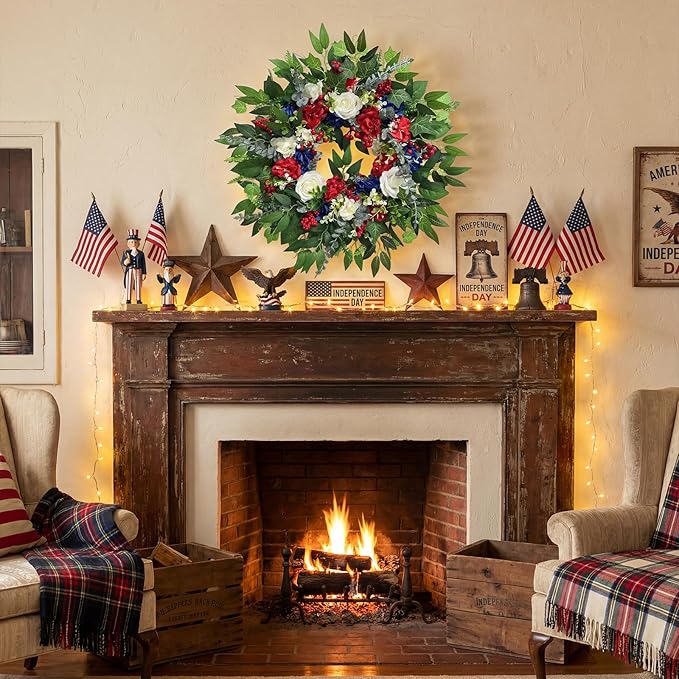 24 Inch 4th of July Wreath, Patriotic Wreaths for Front Door, Red White Blue Spring Summer Door Wreaths for Independence Day,Memorial Day Wreaths for Front Door Wall Window Decor