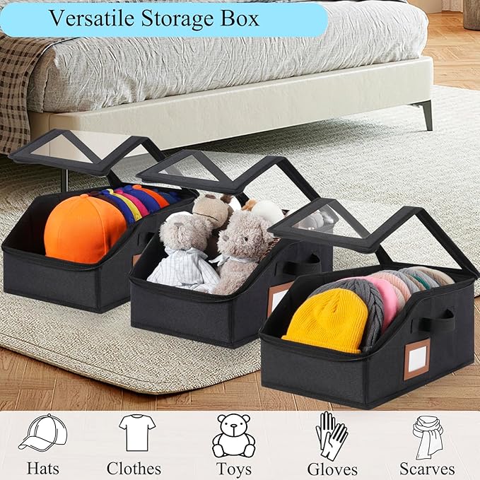 6 Pack Hat Storage for Baseball Caps-Holds Up to 56 Caps, Hat Organizer for Closet Stackable Hat Box with Cardboard, Dust-proof Beanie organizer with 2 Handles for Home Travel (Black, 6Pack-Small)