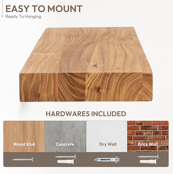 Marsmiles 36 inch Floating Shelves for Wall Solid Elm Wood Shelves|Rustic Wall Shelves with Invisible Heavy-Duty Bracket for Bathroom Living Room Kitchen|Natural, 2 Pack
