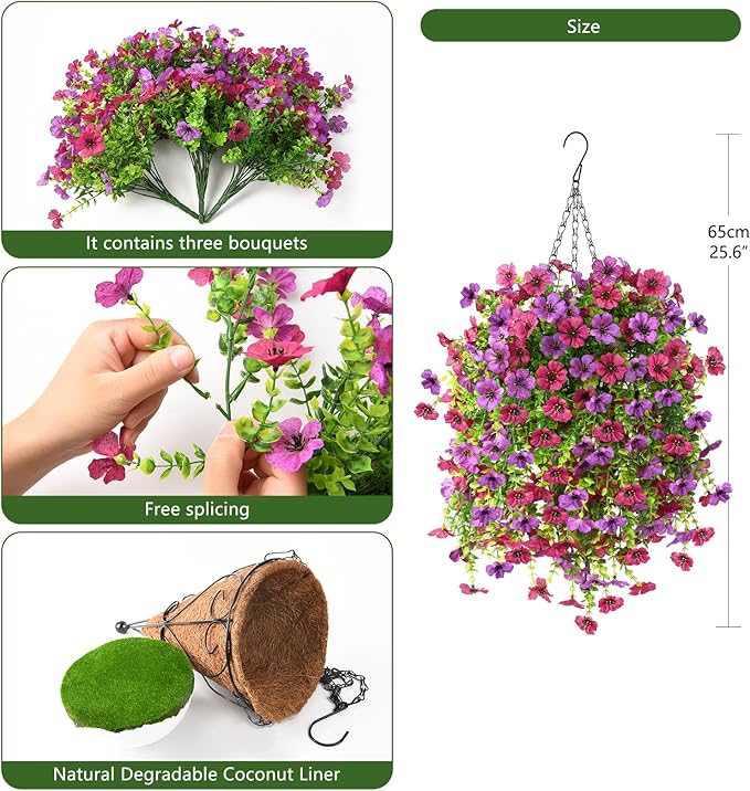 Homsunny Artificial Fake Hanging Plants Flowers Baskets for Outdoor Outside Spring Decor,Faux Silk Daisy UV Resistant Look Real Summer Decorations for Home Porch Patio Yard Garden(Light Purple