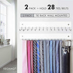 2Pack Tie Rack Wall Mounted, Wooden Tie Hanger Tie Organizer for Men with 28 Folding Hooks, Space Saving Tie Holder and Belt Rack for Closet, White