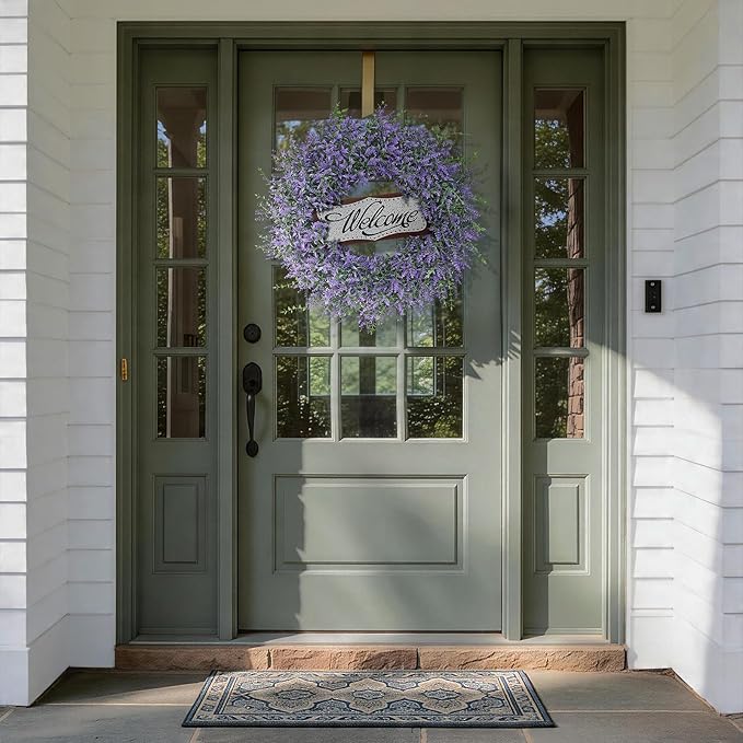 26" Artificial Lavender & Eucalyptus Wreath with Welcome Sign for Front Door, Porch, Window - Large Greenery Outdoor Wreath for Home, Farmhouse Decor - Spring, Summer, All Seasons (Purple)