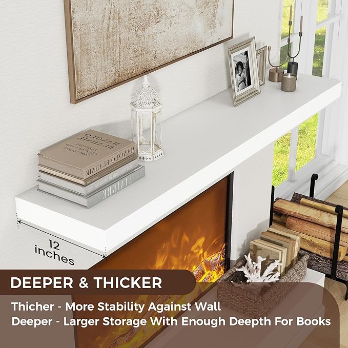 Venusmiles Floating Shelves for Wall, 48 Inch Wide x 12 Inch Deep Floating Shelves, Long Wood Floating Wall Shelf Shelves for Living Room Bathroom Bedroom Kitchen Home - (White, 48" W x 12" D x 2" H)