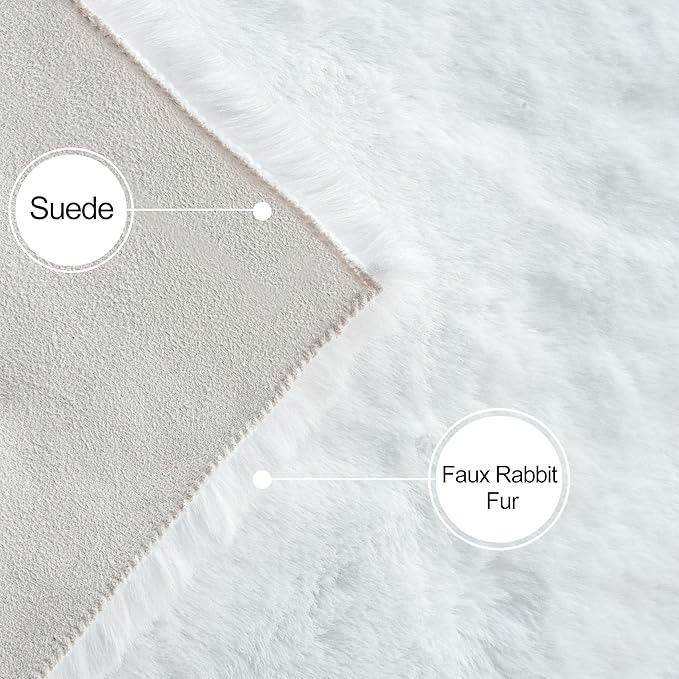 White Fluffy Round Rug 5ft for Bedroom Circle Faux Rabbit Washable Fur Area Rugs for Living Room Nursery Rug