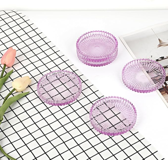 Modern Clear Coaster Set of 5- Glass Coasters for Drinks Crystal Coaster Round Cup Coasters Coffee Table Decor for Office, Kitchen, Bar, Dining Room, Living Room, Patio(Clear Purple)