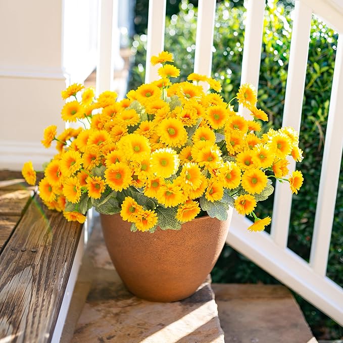 HyeFlora Dahlia Spring Artificial Flowers for Outdoors Fake Plants, 6 Bundles Outside Silk Daisy Realistic UV Resistant Faux Flowers for Outdoor Planters Porch Patio Yard Garden Home Decor, Yellow