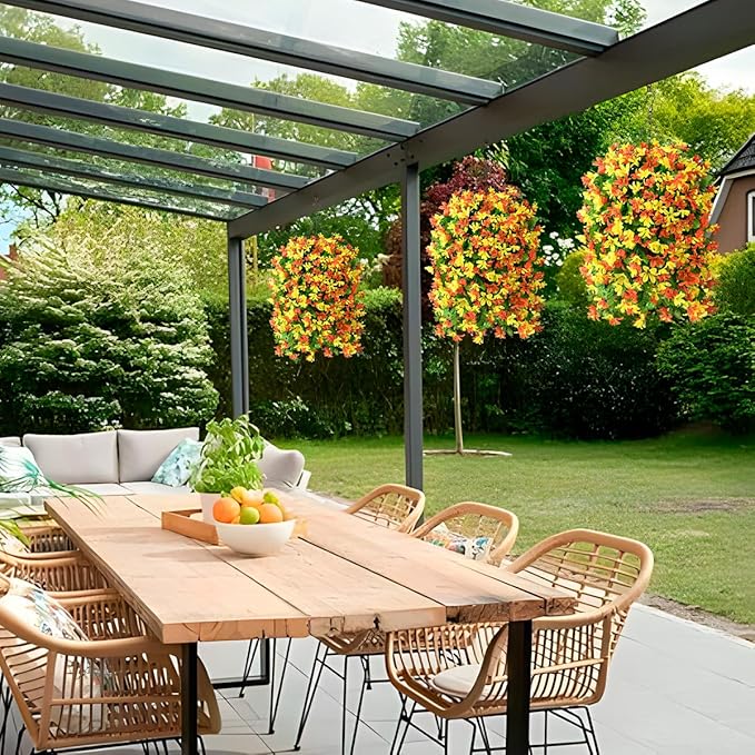 INQCMY Artificial Hanging Flowers Decoration, 4pcs Fake Floral Basket Plants for Outdoor Porch, Faux Shrubs Home Spring Decor UV Resistant Potted Violets for Outside Garden No Fade