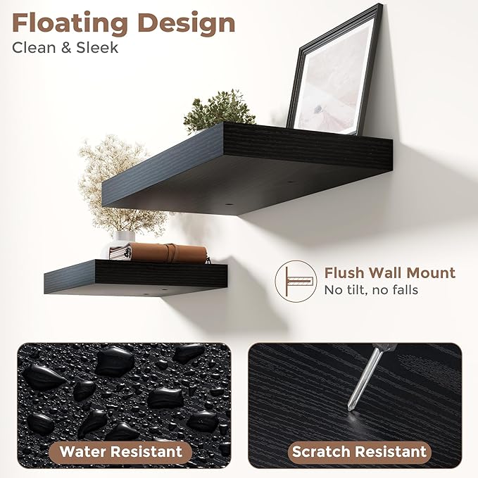 40 Inch Long Floating Shelves for Wall Set of 2, 12"D Wood Grain Bathroom Shelves with Invisible Brackets, Easy Install Engineered Wood Storage Shelves for Kitchen, Living Room, Bedroom, Black Finish