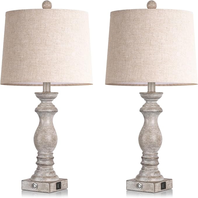 24.5" Table Lamp Set of 2, Rustic Farmhouse Bedside Lamps with USB A+C Charging Ports, 3-Way Dimmable Touch Control Nightstand Lamps for Living Room Bedroom, Antique Grey White, LED Bulbs Included