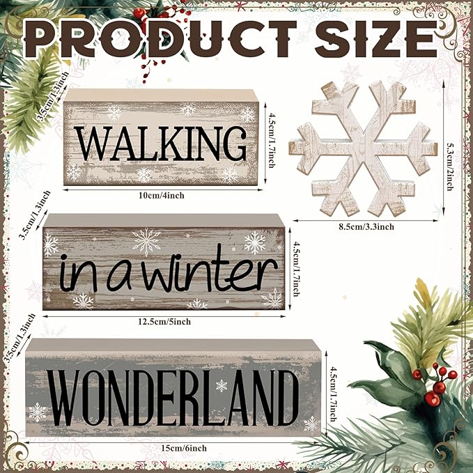 Moucuny 4 Pcs Winter Table Decorations Wooden Snowflake Decor Winter Tiered Snow Tray Decor Rustic Block Signs Gift Farmhouse Christmas Centerpiece for Wonderland Party Kitchen Shelf Home