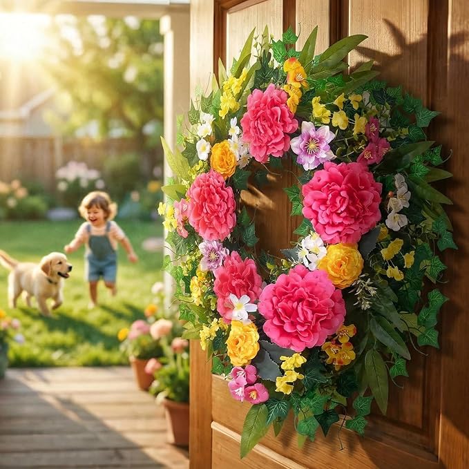 Yastouay Spring Summer Wreaths for Front Door, 24 Inch Large Spring Summer Door Wreath with Vibrant Peonies Hibiscus Flowers, Spring Wreath for Front Door Farmhouse Porch Wall Window Indoor Outdoor