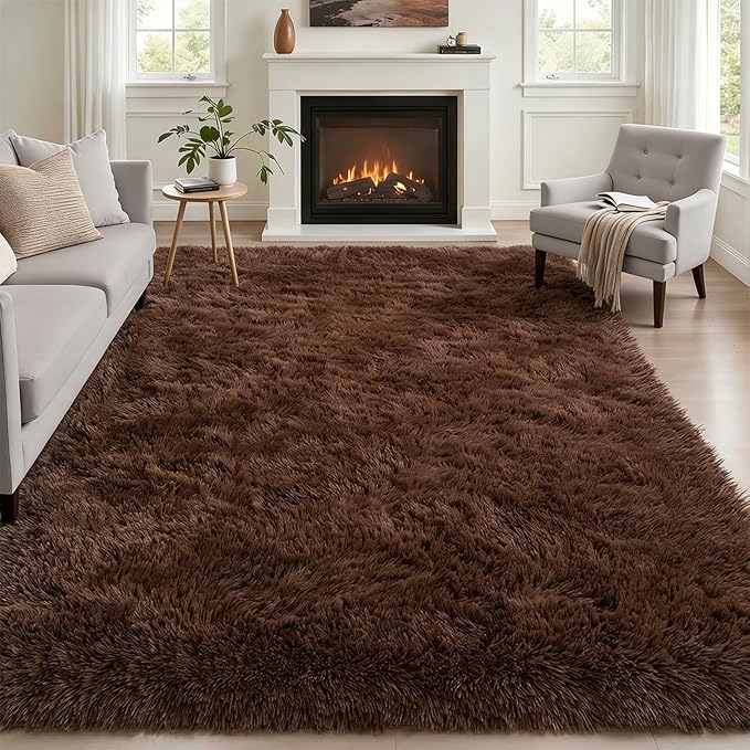 Fluffy 5x7 Area Rugs for Living Room Bedroom: Ultra Soft Shag Rug Non-Slip Non-Shedding Small Plush Bedside Rug Indoor Floor Carpets for Kids Room Playroom Entryway Nursery Dorms Home Decor Brown