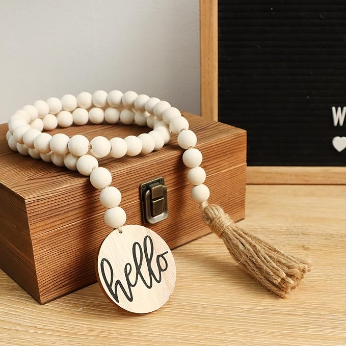 Meplait Hello Wooden Bead Garland with Tassel, Decorative Beads Home Decor Farmhouse Tassel Garland Boho Decor for Tiered Tray（38in）