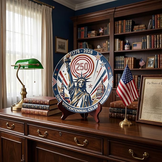 250th Anniversary Decorative Plates 8 Inch Liberty Patriotic Decorations Commemorative Plates with Stand Independence Day 4th of July Semiquincentennial Decor