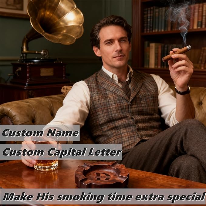 Cigar Ash Tray Set for Men Personalized Name Custom Walnut Wooden Cigar Ashtray Set for Men Father's Day Ashtray Gifts for Husband Fathers Groomsmen Papa Grandpa Outdoor (Fancy Bowl Set)
