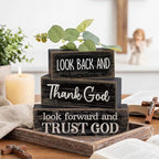Lineshading 4 Pcs Christian Table Decor Inspirational Gifts for Women Look Back and Thank God Look Forward and Trust God Wooden Block Signs Farmhouse Christian Centerpiece for Mother's Day Home Office
