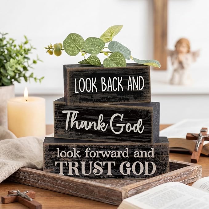 Lineshading 4 Pcs Christian Table Decor Inspirational Gifts for Women Look Back and Thank God Look Forward and Trust God Wooden Block Signs Farmhouse Christian Centerpiece for Mother's Day Home Office