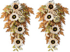 Glitzhome 2 Pcs Fall Teardrop Swags for Front Door, 28''H Autumn Swag with Neutral Sunflower, Pumpkin and Leaf, Fall Swags for Front Door, Thanksgiving Harvest Festivals Decor