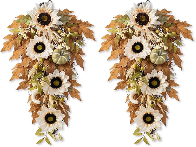 Glitzhome 2 Pcs Fall Teardrop Swags for Front Door, 28''H Autumn Swag with Neutral Sunflower, Pumpkin and Leaf, Fall Swags for Front Door, Thanksgiving Harvest Festivals Decor
