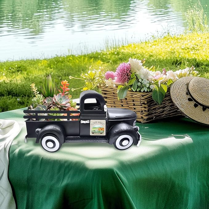 13.4 Inch Farmhouse Vintage Truck Decor with 20 Magnets Rustic Home Sweet Home Table Centerpieces Interchangeable Seasonal Holiday Decor Large Metal Pickup Truck Spring Garden Planter, Black