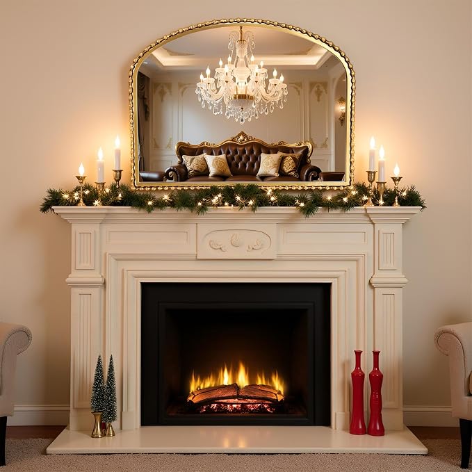 36x28 Inch Wide Arched Wall Mirror with Bold Antique Gold Beaded Frame, Decorative Mantel Mirror for Fireplace or Entryway, Horizontal Hanging Statement Mirror for Living Room Wall Decor