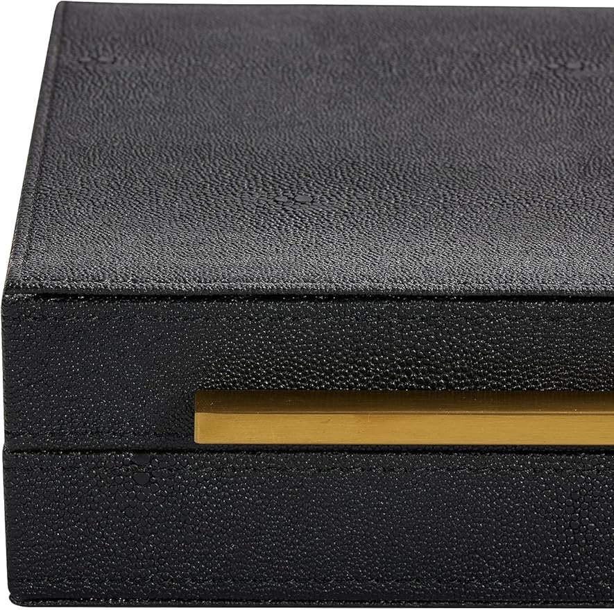 Kingflux Black Shagreen Leather Decorative Box, Storage Box Jewelry Organizer, Woment&Men's Accessory Organizer With Matt Golden Stainless Steel Handle (Black)