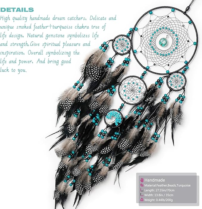 Large Dream Catchers, Boho Handmade Woven Black Dream Catchers Wall Hanging for Bedroom Living Room Dorm Room Decor, Adults Wedding Party Decor, Festival Blessing Gift (Turquoise & Black)