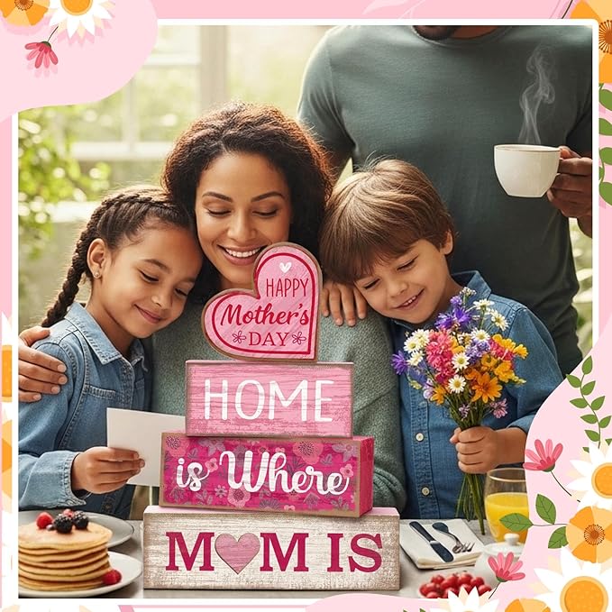 Lineshading 4 Pcs Mothers Day Table Decorations Wooden Pink Heart Decor Happy Mother's Centerpieces Gifts for Mom from Daughter Son Mothers Day Decorations for Home Shelf Indoor Party Decoration