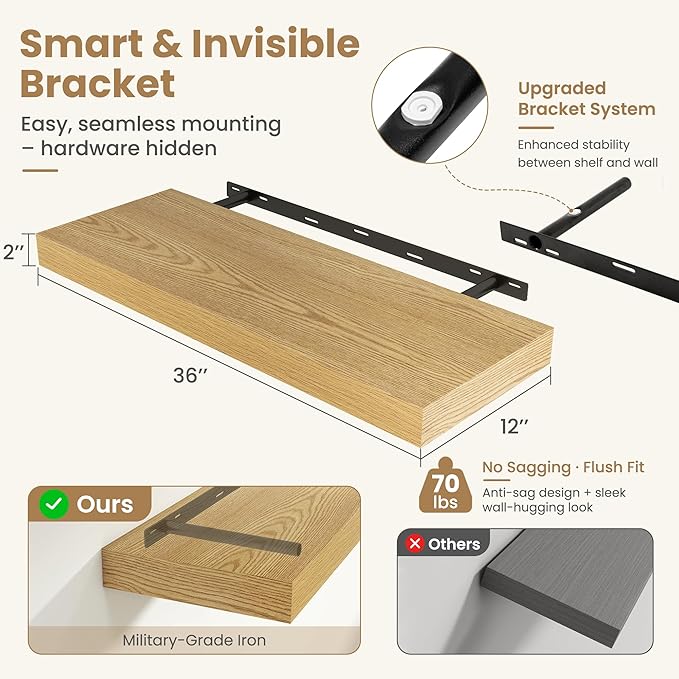 FLYJOE 36 Inch Long Floating Shelves for Wall Set of 2, 12" D Wood Grain Bathroom Shelves with Invisible Brackets, Easy Install Engineered Wood Storage Shelves for Kitchen, Living Room, Bedroom