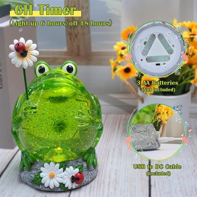 Spring Frog Snow Globe Decor with 6H Timer, Swirling Glitter Frog Snowglobe Spring Figurine Decorations, USB/Battery Operated, for Spring Holiday Home Decor and Gift (Frog Flower)