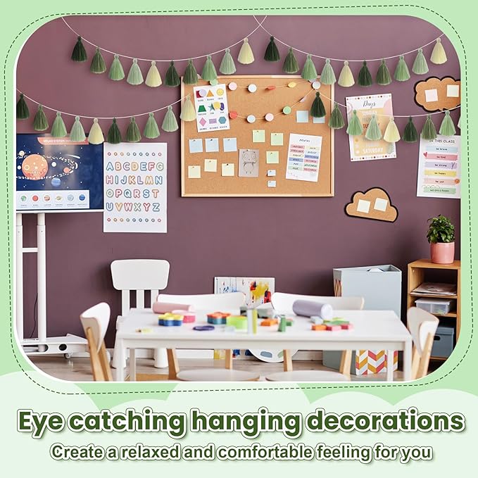 WILLBOND 4 Pieces Tassel Garland Sage Green Forest Garland for Classroom Wall Dorm Decor Boho Pastel Cotton Tassel Banners for Party Schooll(3.1 Inch, Green Colors)