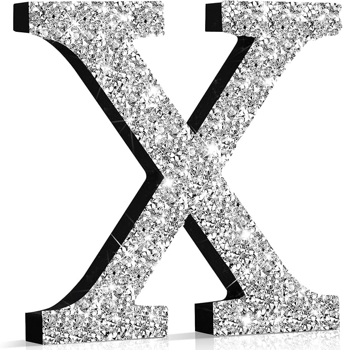 Qunclay 8'' Silver Crystal Diamond Bling Letters Crushed Diamond Decoration Wooden Glitter Letter with Screw and Hooks Rhinestone Gift for Wedding Y2k Mcbling Bedroom Wall Decor (Letter X)