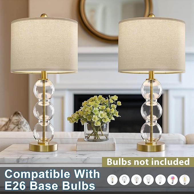 Oneach 25" Glass Table Lamps Set of 2, Gold Modern Table Lamps with USB Ports for Living Room, Linen Shade Bedside Lamps for Bedroom, Nightstand, Side Table (Bulbs not Included)