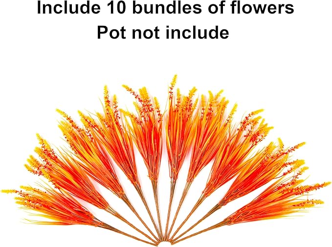 Artificial Fake Plants Flowers for Outdoors Fall Decor, 10 Bundles Fall Leaves Faux Lavender Flowers for Autumn Decoration, Fake Shrubs UV Resistant Planter for Garden Porch Balcony Home Patio Yard
