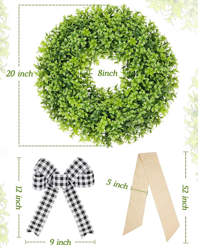 Vlorart 20 Inch Boxwood Wreaths for Front Door, Artificial Spring Wreath for Wall Farmhouse Wedding Porch Green Wreath with Sash Year Round Indoor Outdoor for Summer Farmhouse Wreaths Home Decorations