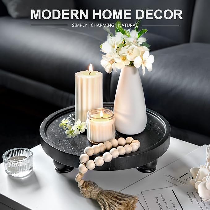 EOSAHR Modern Wood Riser for Display : Farmhouse Pedestal Stand for Kitchen Counter and Home Decor, Round Waterproof Display Tray for Soap on Sink (Black)