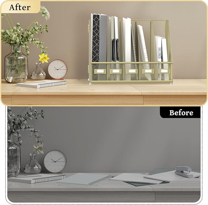 SUPEASY Desk Organizers Metal Desk Magazine File Holder with 5 Vertical Compartments Rack File Organizer for Office Desktop, Classroom, Home Workspace, Golden Yellow