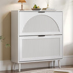 Shoe Cabinet for Entryway with 2 Flip Drawers, Slim Wooden Shoe Storage Organizer with Modern Fluted Pannel，Freestanding Narrow Hidden Shoe Rack for Hallway, Foyer, Living Room