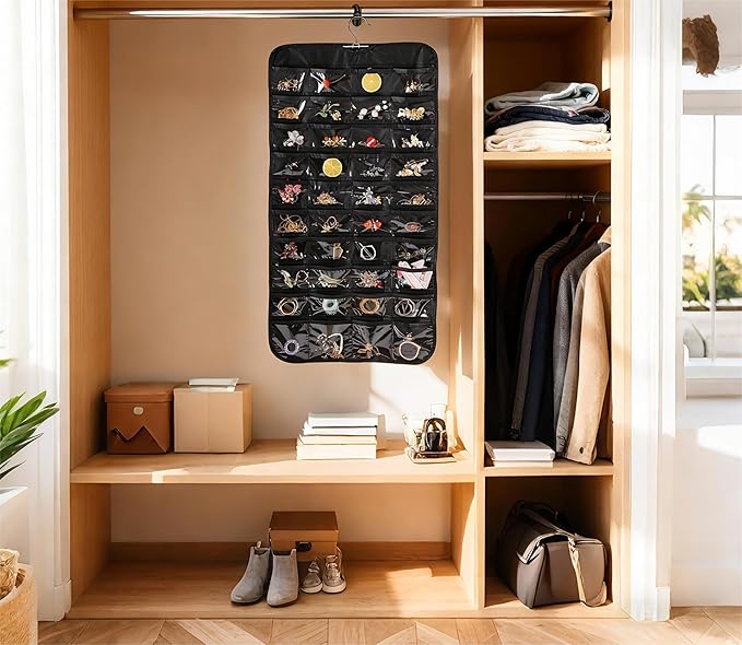 Bloss Hanging Jewelry Organizer and storage for Closet With 80 Pockets,Earring Organizer Hanging Holder Storage for Women Gift,Jewelry Organizer for Closet, Wall, Door-Black