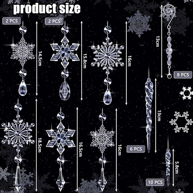 Giegxin 32 Pcs Crystal Christmas Ornaments Crystal Hanging Snowflakes Acrylic Xmas Tree Icicle Drop Decorations with Hooks for Christmas Snow Party Winter(Transparent)