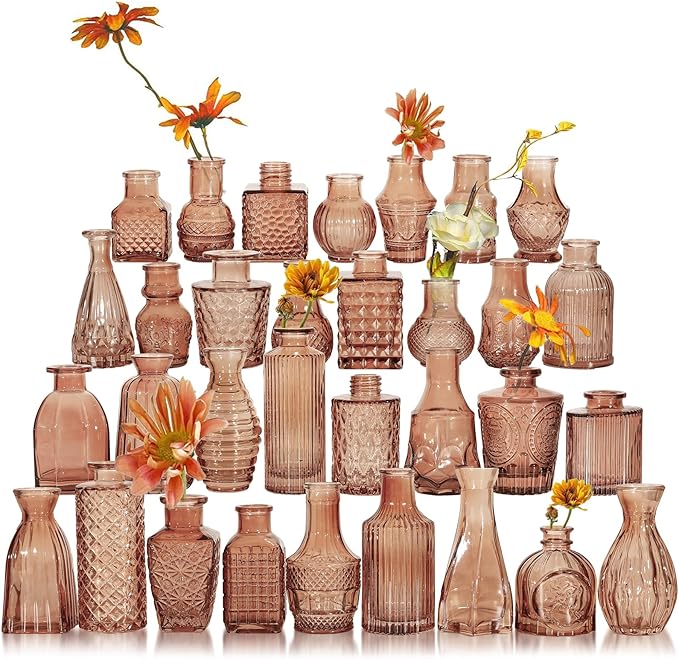 Glass Bud Vase Set of 32 Pcs, Small Glass Vases for Flowers, Amber Bud Vases in Bulk, Vintage Vases for Wedding Centerpieces, Wedding Decorations, Home Table Flower Decor