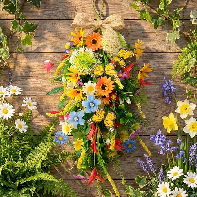2 PCS 24'' Spring Summer Floral Teardrop Swags for Front Door Artificial Sunflowers Daisy Teardrop Swags Lavender Butterfly Swag Wreath Eucalyptus Hanging Swag for Farmhouse kitchen Cabinet Home Decor