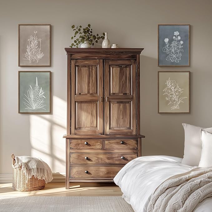 Boho Framed Botanical Wall Art for Bedroom, 4 Piece Vintage Neutral Floral Canvas Painting Prints for Modern Farmhouse, Minimalist Rustic Flower Pictures for Living Room Kitchen Dining Room Home Decor