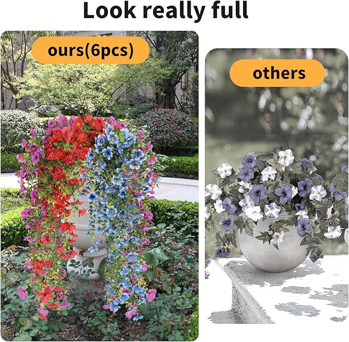 Artificial Hanging Flowers for Outdoors, 6 Pcs Fake Plant for Spring Summer Decoration, UV Resistant Realistic Silk Faux Flowers Outside Indoor Planter Porch Patio Balcony Yard Decor